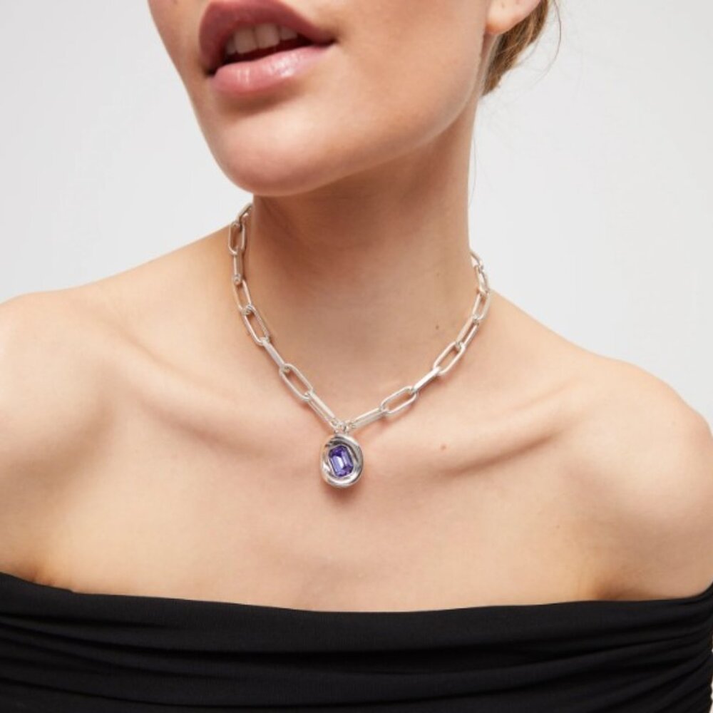 Uno de 50 Short link chain pendant necklace purple crystal